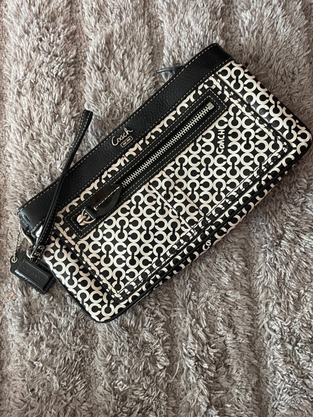 Coach Black and White Signature Zip Wristlet with Leather Trim